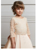 Three Quarter Sleeves Peach Lace Satin Peplum Long Flower Girl Dress